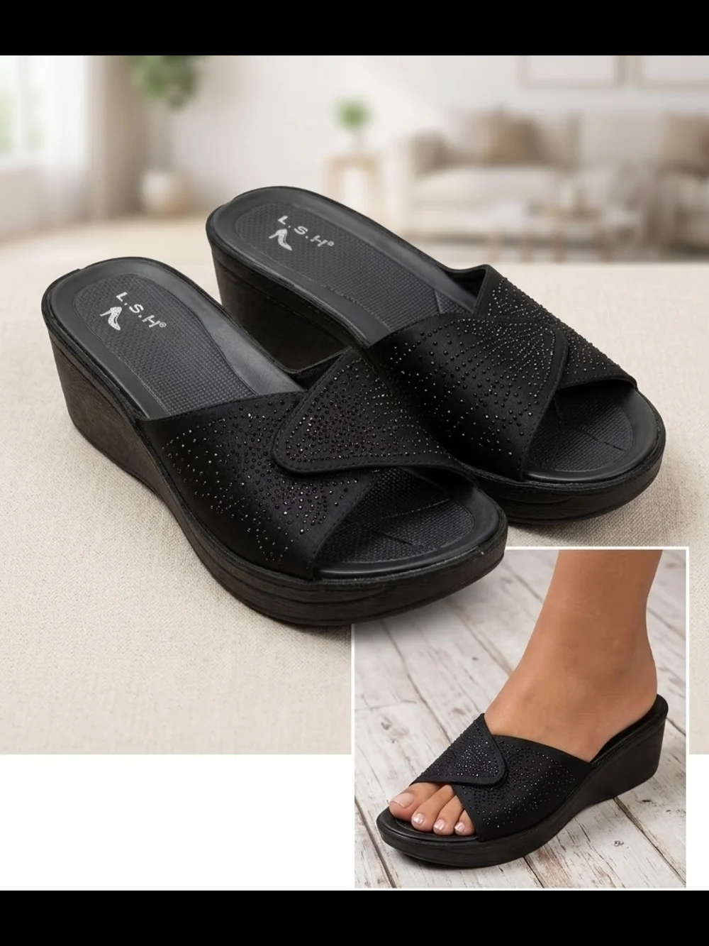 Comfort Plus Black Wedge Slide Sandals with Crystal Accent
